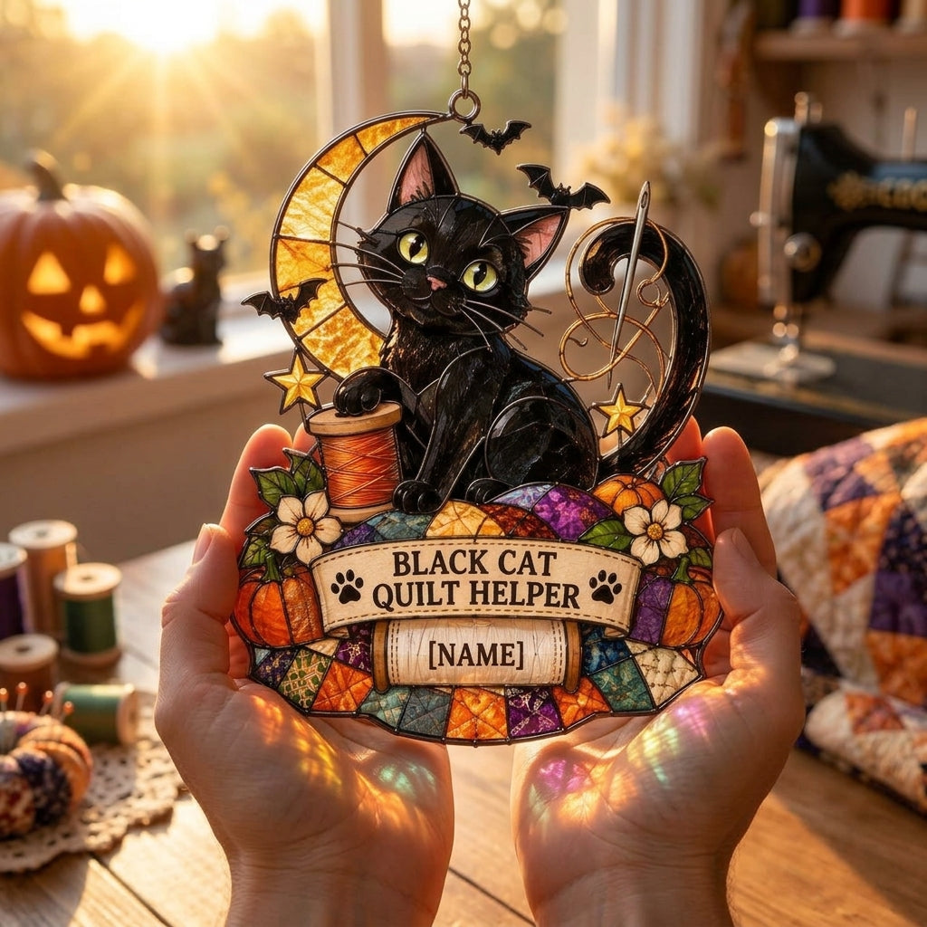 Personalized Black Cat Quilt Helper Custom Shape Suncatcher – Gift for Sewing Enthusiasts - mockup 3