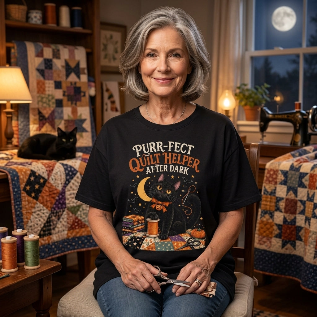 Purr-fect Black Cat Quilt Helper T-shirt Sweatshirt Hoodie – Gift for Quilters - mockup 1