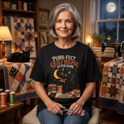 Purr-fect Black Cat Quilt Helper T-shirt Sweatshirt Hoodie – Gift for Quilters - mockup 1