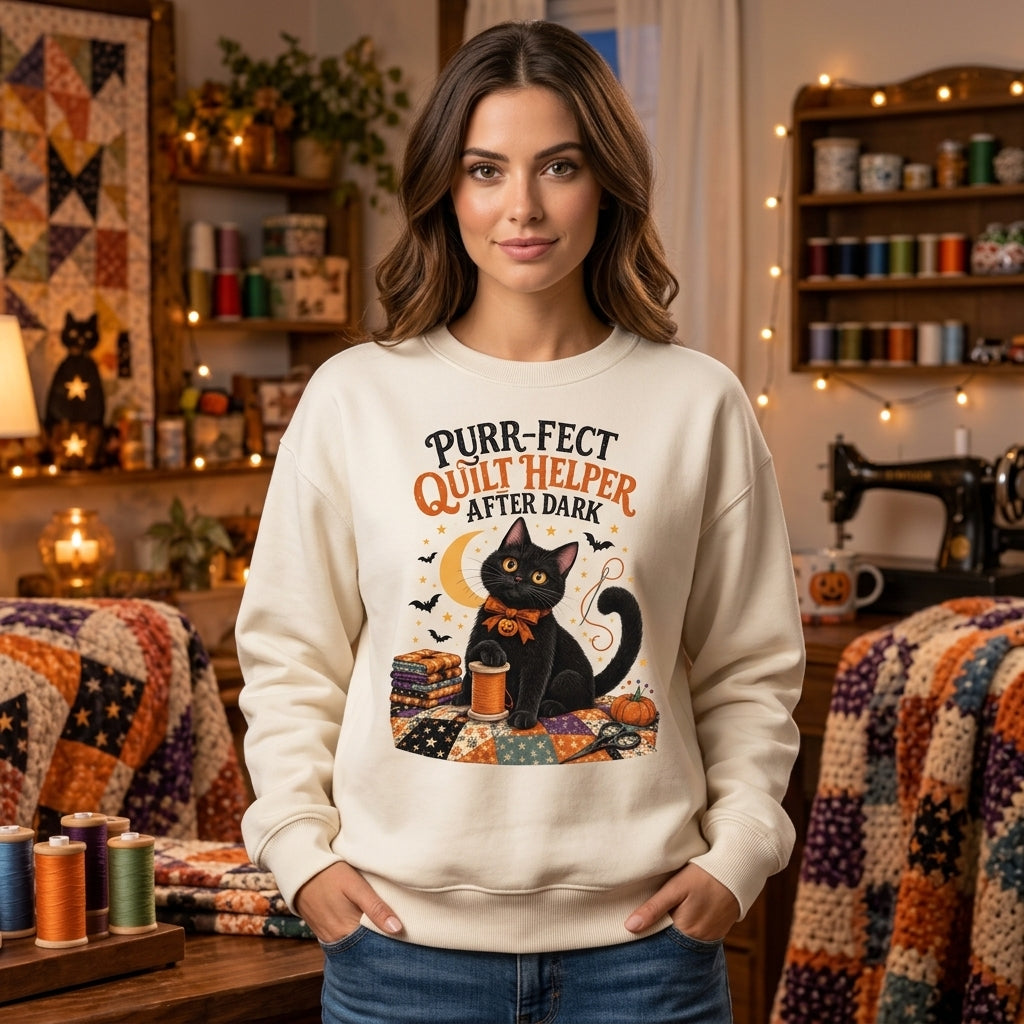 Purr-fect Black Cat Quilt Helper T-shirt Sweatshirt Hoodie – Gift for Quilters - mockup 2