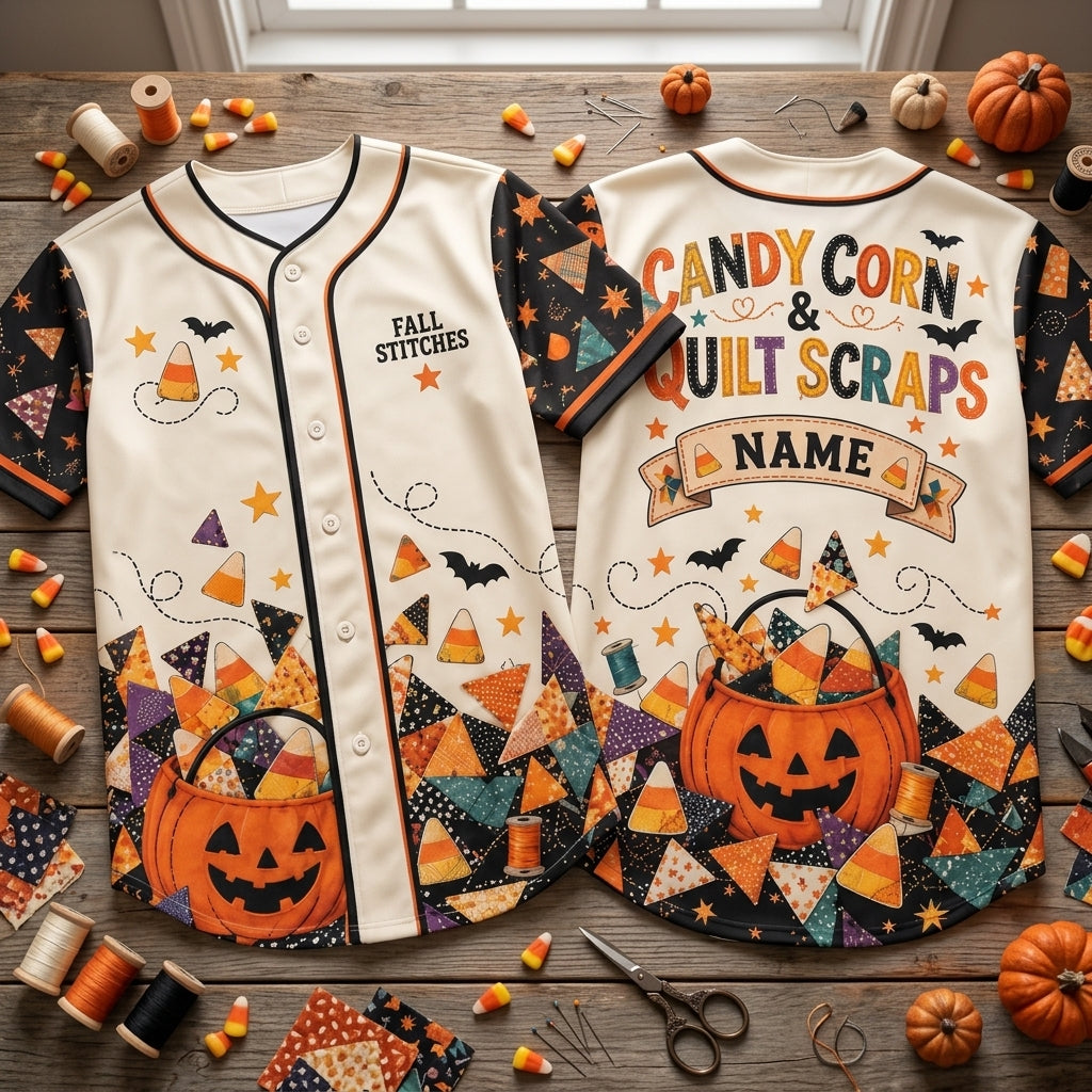 Custom Candy Corn & Quilt Scraps Baseball Jersey - Fall Stitches Quilter Gift - mockup 1