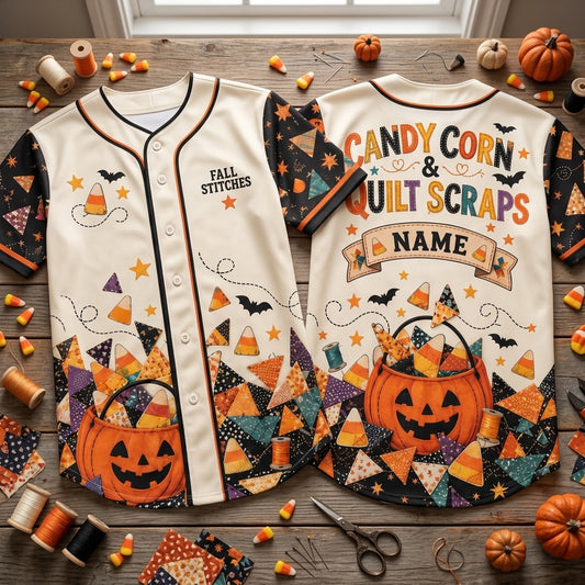 Custom Candy Corn & Quilt Scraps Baseball Jersey - Fall Stitches Quilter Gift - mockup 1