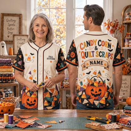 Custom Candy Corn & Quilt Scraps Baseball Jersey - Fall Stitches Quilter Gift - mockup 2
