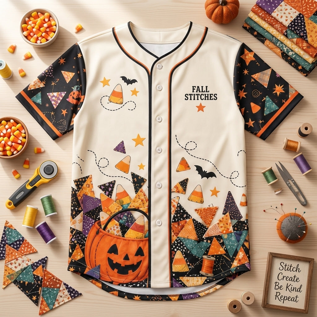 Custom Candy Corn & Quilt Scraps Baseball Jersey - Fall Stitches Quilter Gift - mockup 3