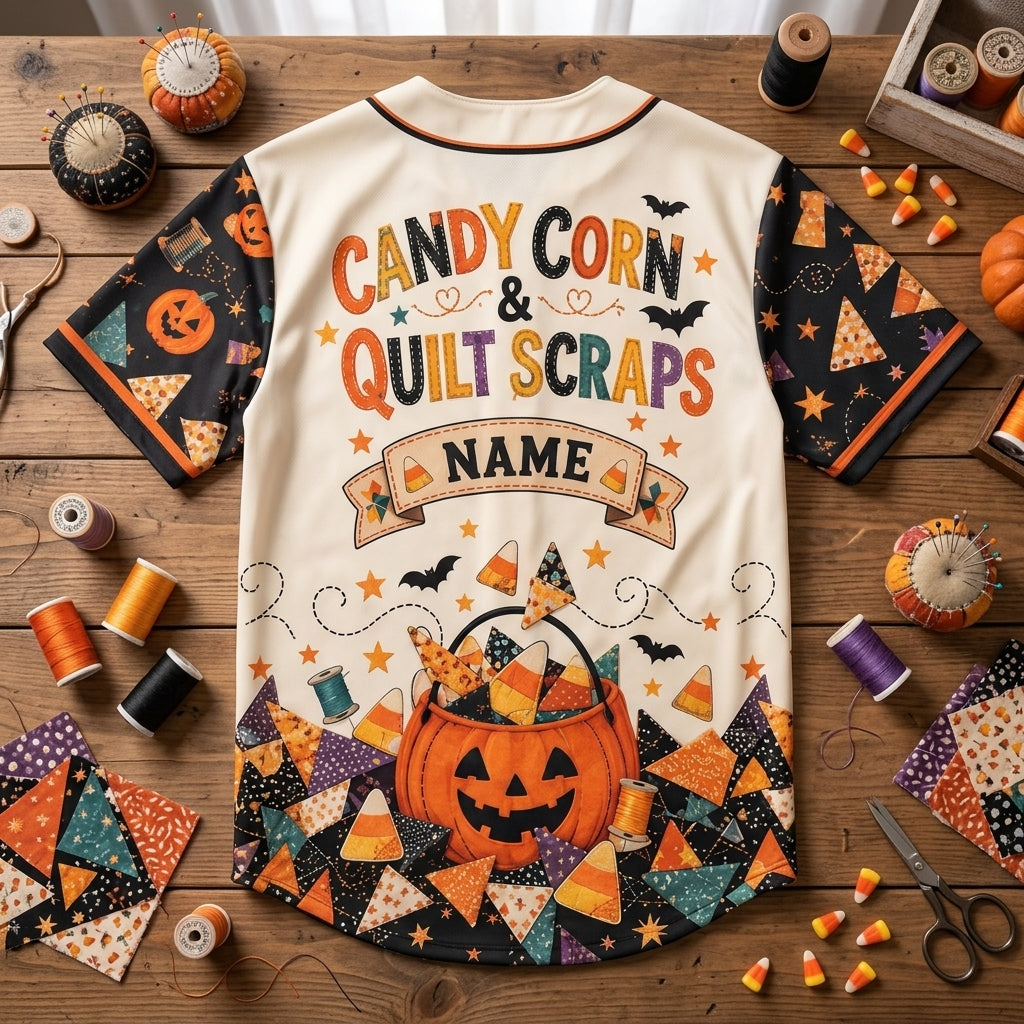 Custom Candy Corn & Quilt Scraps Baseball Jersey - Fall Stitches Quilter Gift - mockup 4