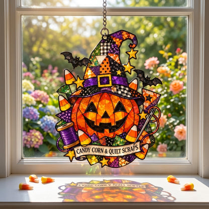 Candy Corn & Quilt Scraps Halloween Pumpkin Custom Shape Suncatcher – Gift for Quilters - mockup 1