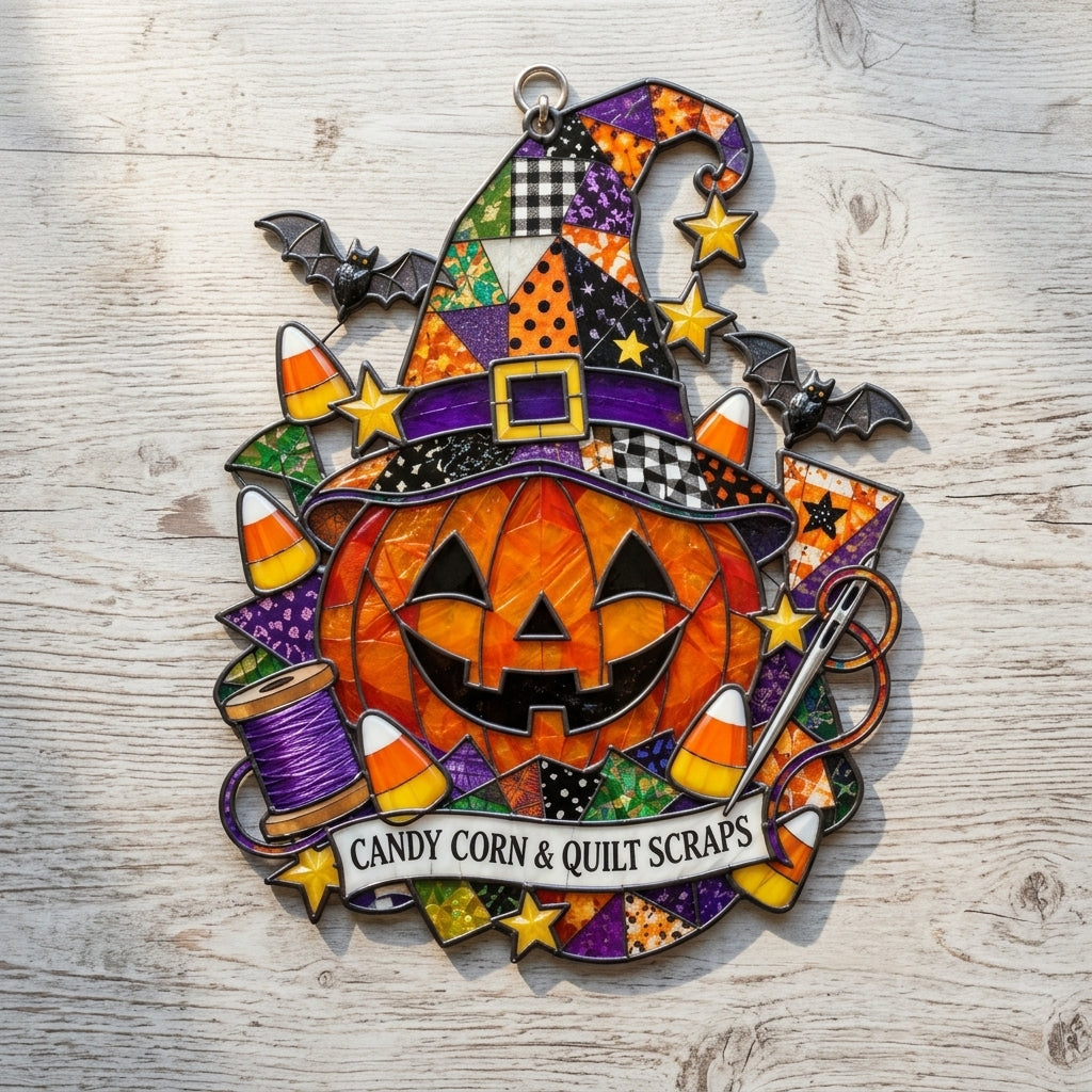 Candy Corn & Quilt Scraps Halloween Pumpkin Custom Shape Suncatcher – Gift for Quilters - mockup 2