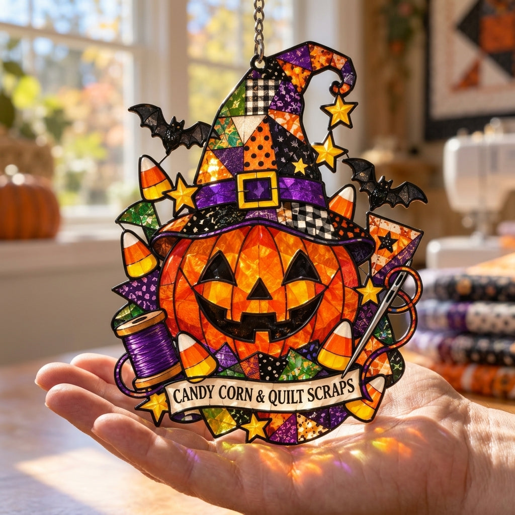 Candy Corn & Quilt Scraps Halloween Pumpkin Custom Shape Suncatcher – Gift for Quilters - mockup 3