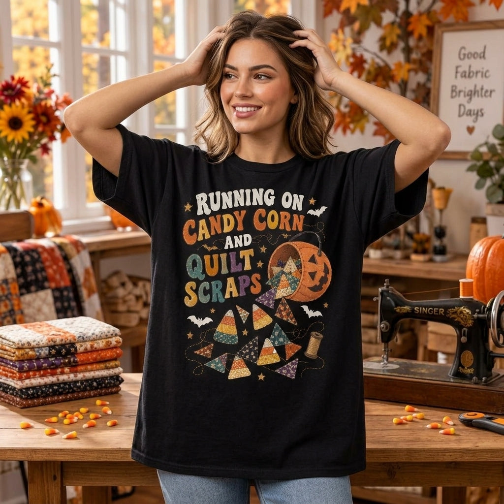 Candy Corn Quilt Scraps Halloween Quilting T-shirt Sweatshirt Hoodie for Crafters - mockup 1