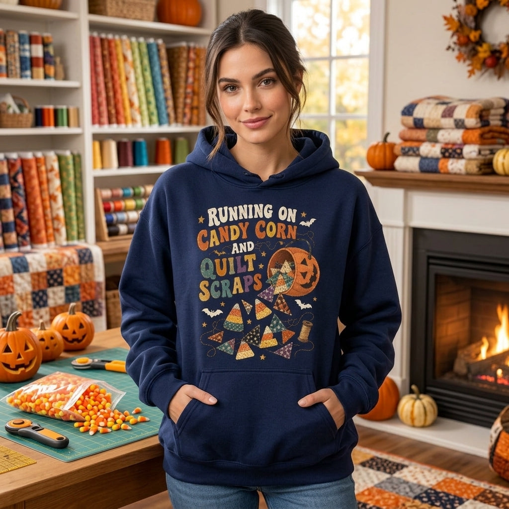 Candy Corn Quilt Scraps Halloween Quilting T-shirt Sweatshirt Hoodie for Crafters - mockup 3