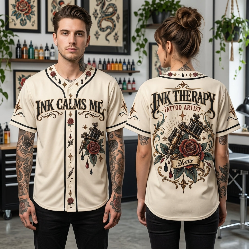 Personalized Tattoo Artist Ink Therapy Baseball Jersey – Custom Name Studio Uniform - mockup 1