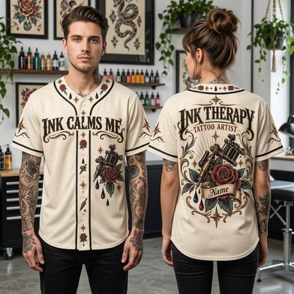 Personalized Tattoo Artist Ink Therapy Baseball Jersey – Custom Name Studio Uniform - mockup 1