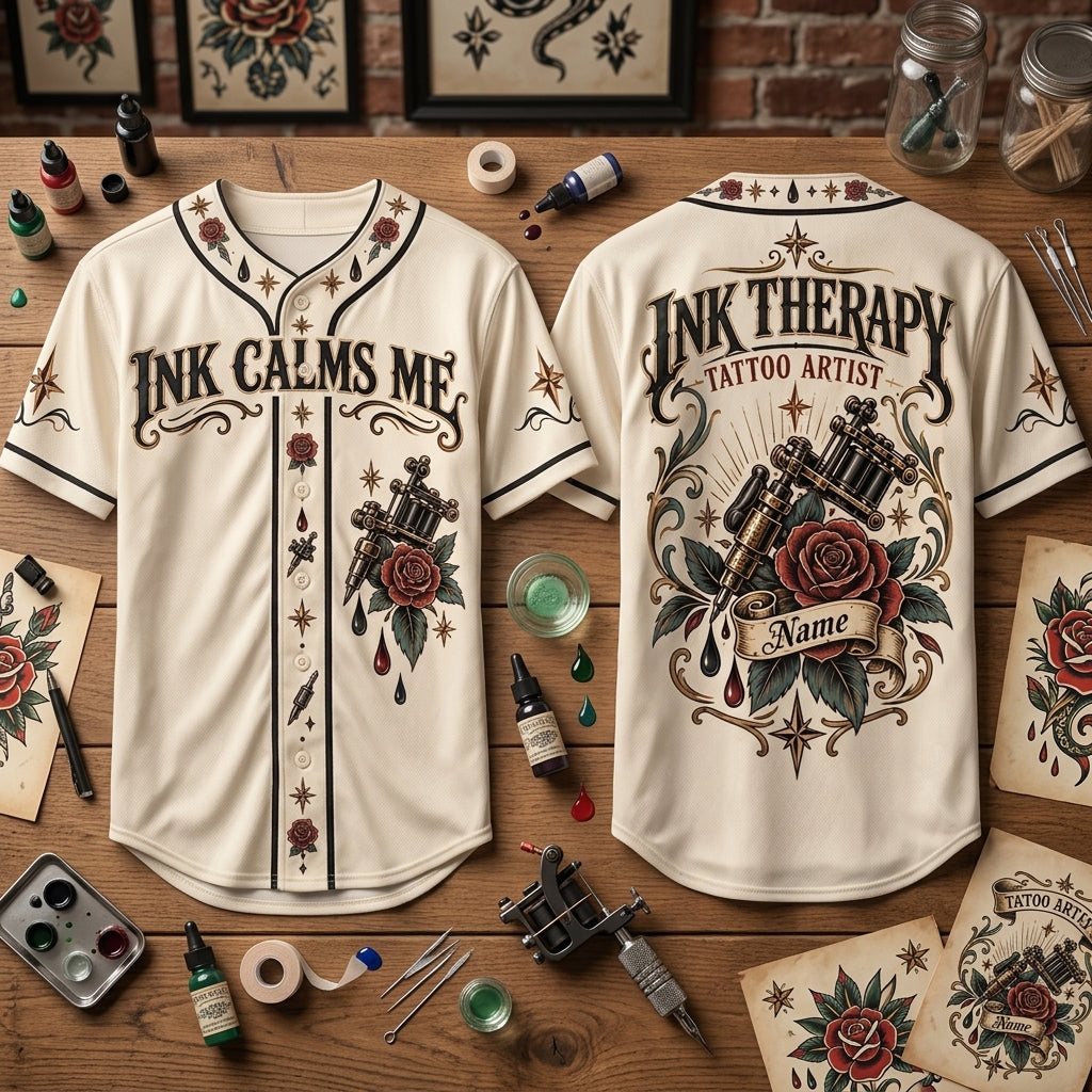 Personalized Tattoo Artist Ink Therapy Baseball Jersey – Custom Name Studio Uniform - mockup 2