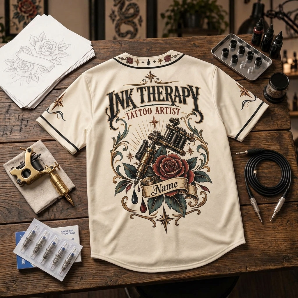 Personalized Tattoo Artist Ink Therapy Baseball Jersey – Custom Name Studio Uniform - mockup 4