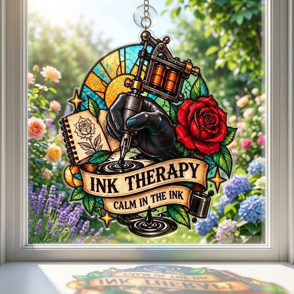 Tattoo Artist Ink Therapy Custom Shape Suncatcher - Vibrant Tattoo Studio Wall Decor - mockup 1