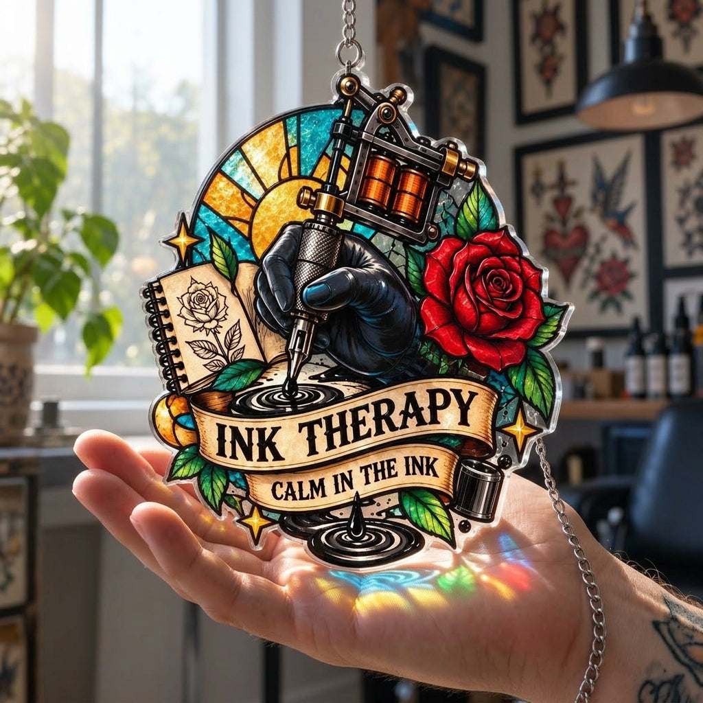 Tattoo Artist Ink Therapy Custom Shape Suncatcher - Vibrant Tattoo Studio Wall Decor - mockup 3