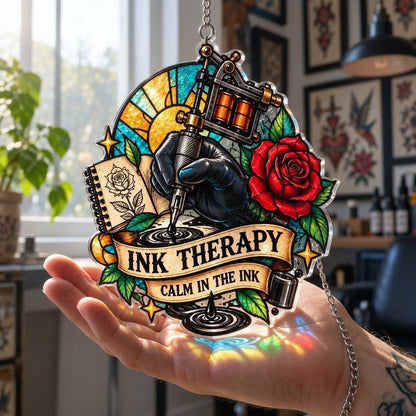 Tattoo Artist Ink Therapy Custom Shape Suncatcher - Vibrant Tattoo Studio Wall Decor - mockup 3