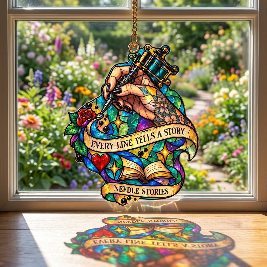Tattoo Artist Needle Stories Custom Shape Suncatcher – Stained Glass Style Studio Decor - mockup 1