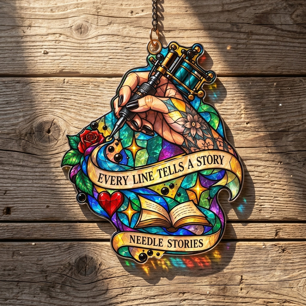 Tattoo Artist Needle Stories Custom Shape Suncatcher – Stained Glass Style Studio Decor - mockup 2