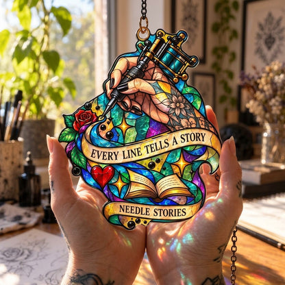 Tattoo Artist Needle Stories Custom Shape Suncatcher – Stained Glass Style Studio Decor - mockup 3