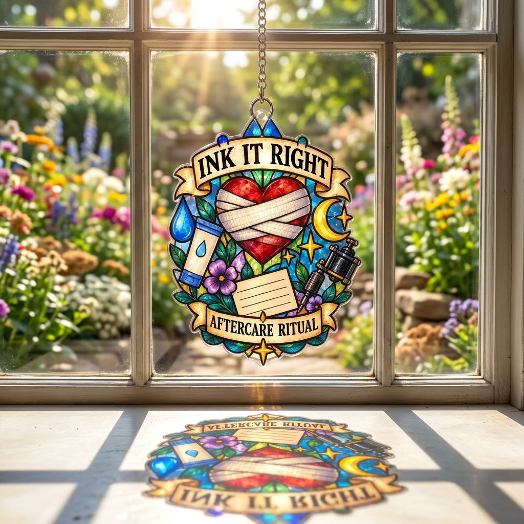 Ink It Right Tattoo Artist Aftercare Ritual Custom Shape Suncatcher - Studio Decor Gift - mockup 1