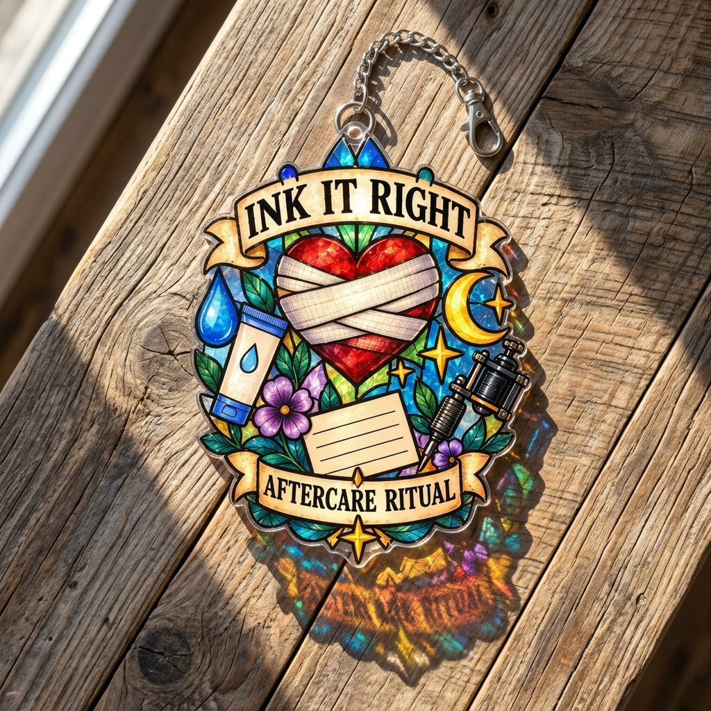 Ink It Right Tattoo Artist Aftercare Ritual Custom Shape Suncatcher - Studio Decor Gift - mockup 2