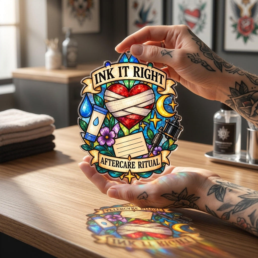Ink It Right Tattoo Artist Aftercare Ritual Custom Shape Suncatcher - Studio Decor Gift - mockup 3