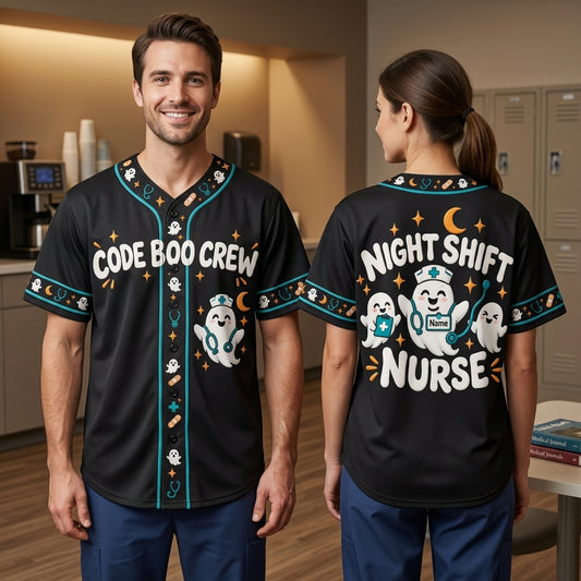 Custom Code Boo Night Shift Nurse Baseball Jersey - Halloween Healthcare Apparel - mockup 1