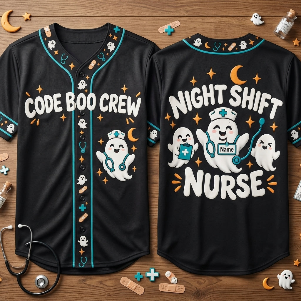 Custom Code Boo Night Shift Nurse Baseball Jersey - Halloween Healthcare Apparel - mockup 2