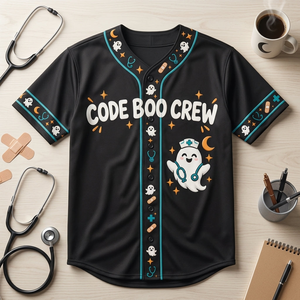 Custom Code Boo Night Shift Nurse Baseball Jersey - Halloween Healthcare Apparel - mockup 3