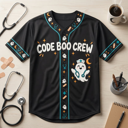 Custom Code Boo Night Shift Nurse Baseball Jersey - Halloween Healthcare Apparel - mockup 3