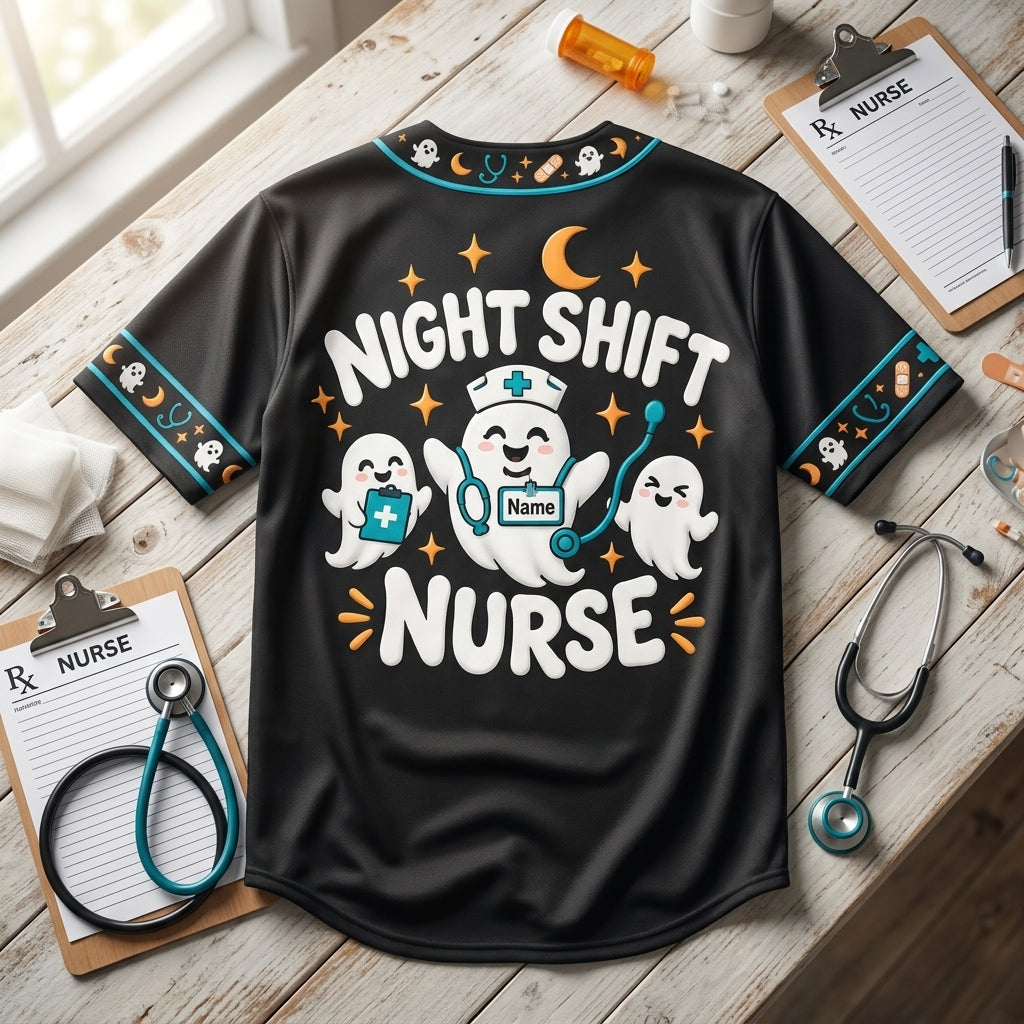 Custom Code Boo Night Shift Nurse Baseball Jersey - Halloween Healthcare Apparel - mockup 4