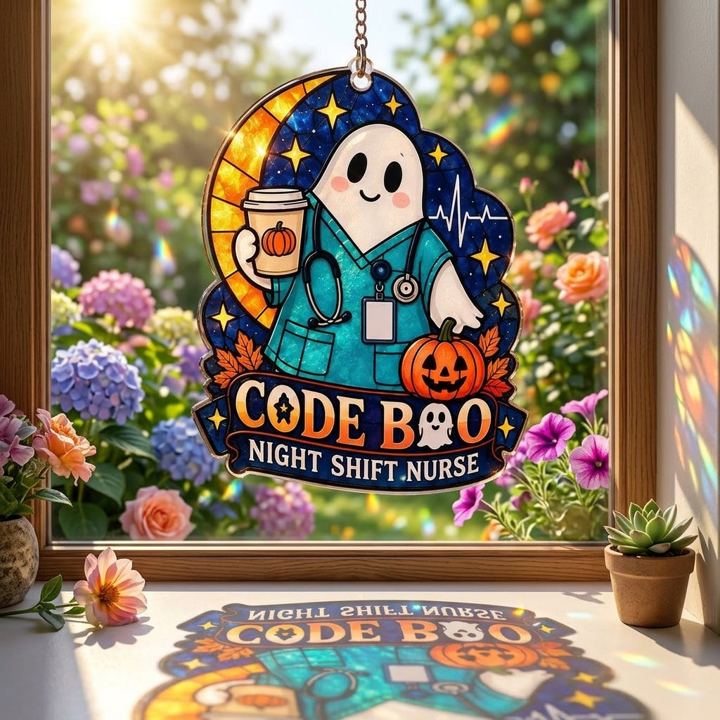 Code Boo Night Shift Nurse Custom Shape Suncatcher – Halloween Healthcare Gift - mockup 1