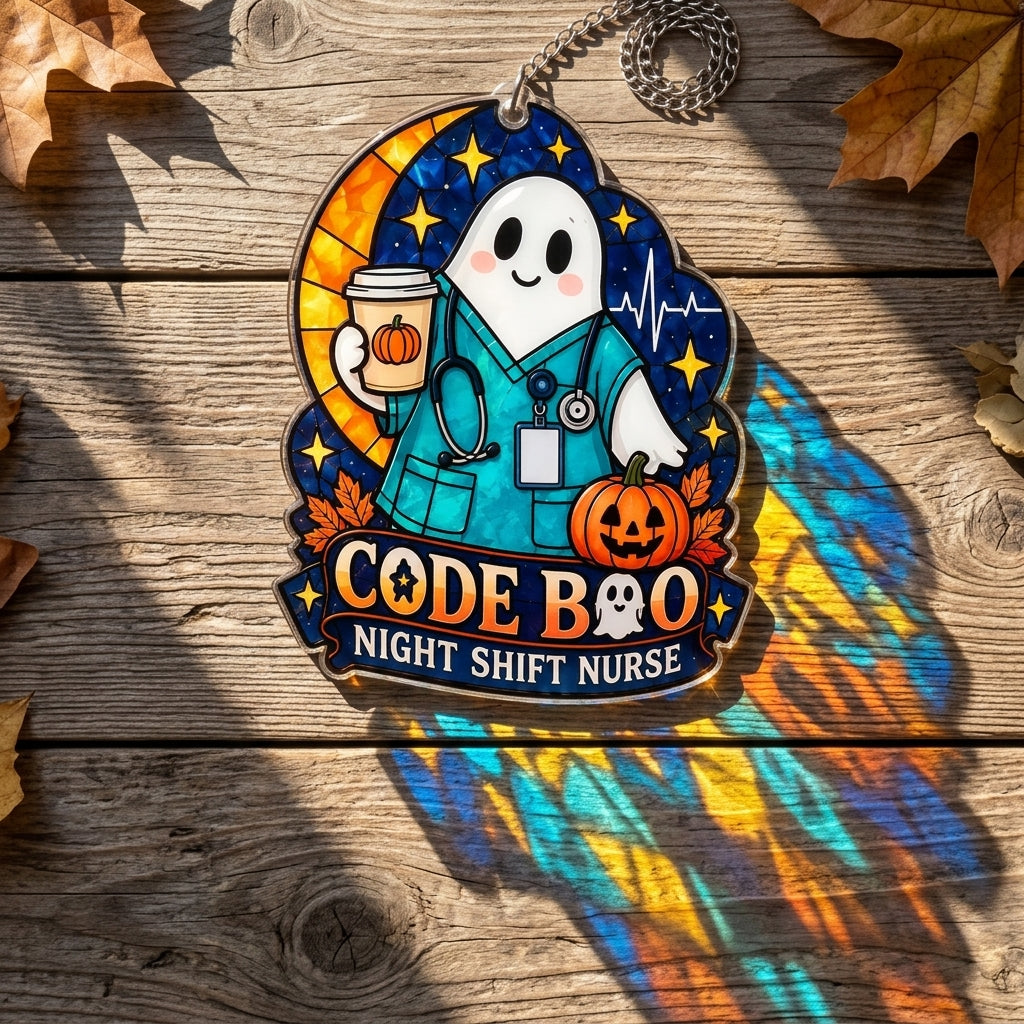 Code Boo Night Shift Nurse Custom Shape Suncatcher – Halloween Healthcare Gift - mockup 2