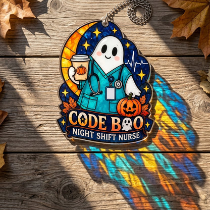Code Boo Night Shift Nurse Custom Shape Suncatcher – Halloween Healthcare Gift - mockup 2