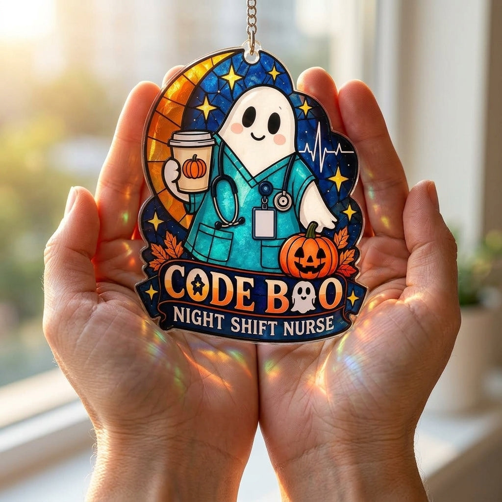 Code Boo Night Shift Nurse Custom Shape Suncatcher – Halloween Healthcare Gift - mockup 3
