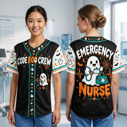 Custom Code Boo Crew Emergency Nurse Baseball Jersey - Personalized Halloween Gift - mockup 1