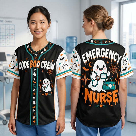 Custom Code Boo Crew Emergency Nurse Baseball Jersey - Personalized Halloween Gift - mockup 1