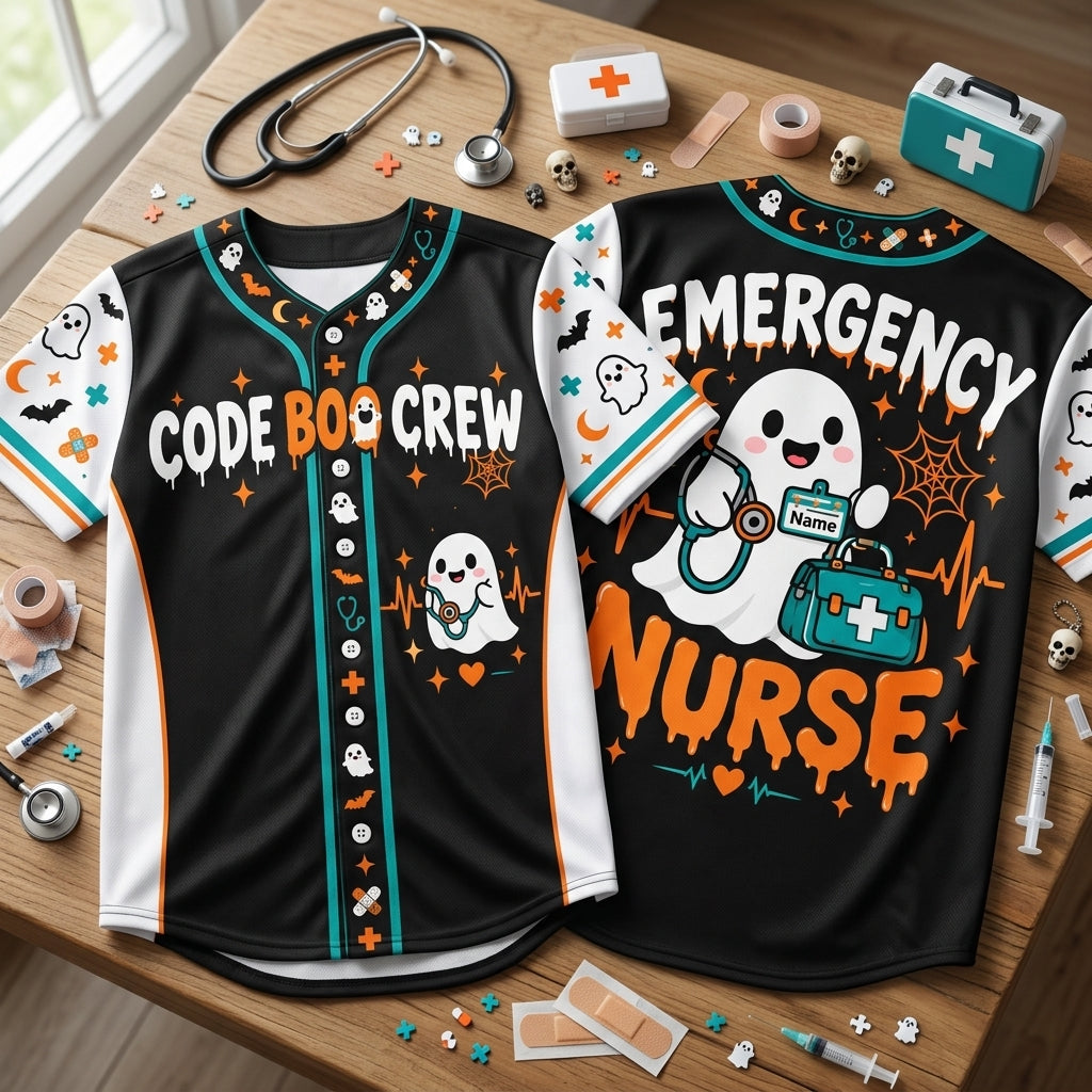 Custom Code Boo Crew Emergency Nurse Baseball Jersey - Personalized Halloween Gift - mockup 2
