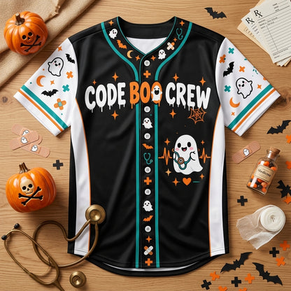 Custom Code Boo Crew Emergency Nurse Baseball Jersey - Personalized Halloween Gift - mockup 3