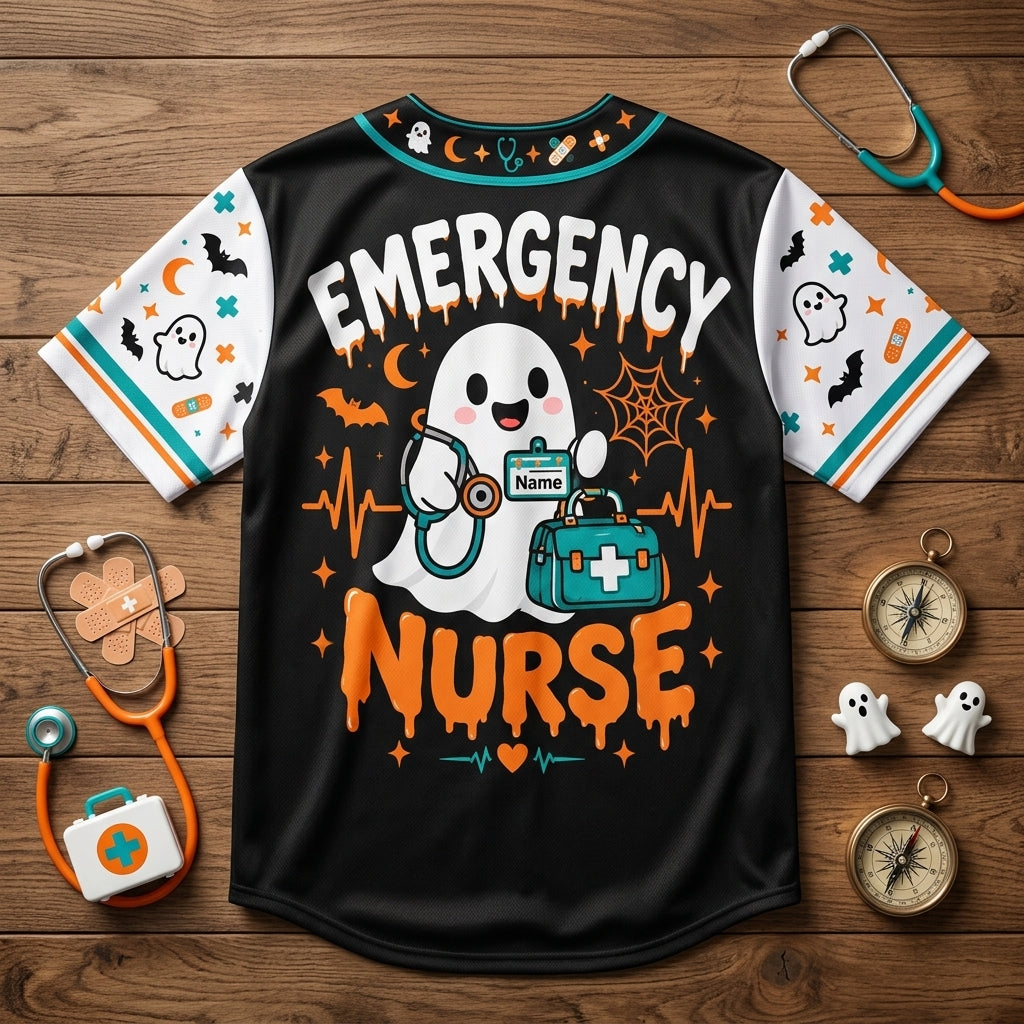 Custom Code Boo Crew Emergency Nurse Baseball Jersey - Personalized Halloween Gift - mockup 4