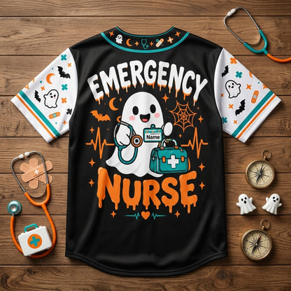 Custom Code Boo Crew Emergency Nurse Baseball Jersey - Personalized Halloween Gift - mockup 4