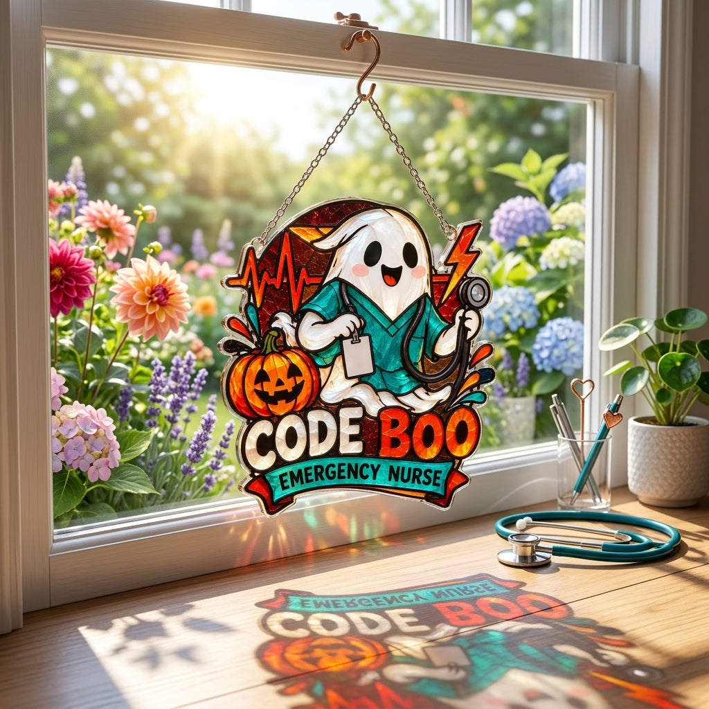 Code Boo Emergency Nurse Acrylic Custom Shape Suncatcher - Spooky Healthcare Gift - mockup 1