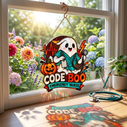 Code Boo Emergency Nurse Acrylic Custom Shape Suncatcher - Spooky Healthcare Gift - mockup 1