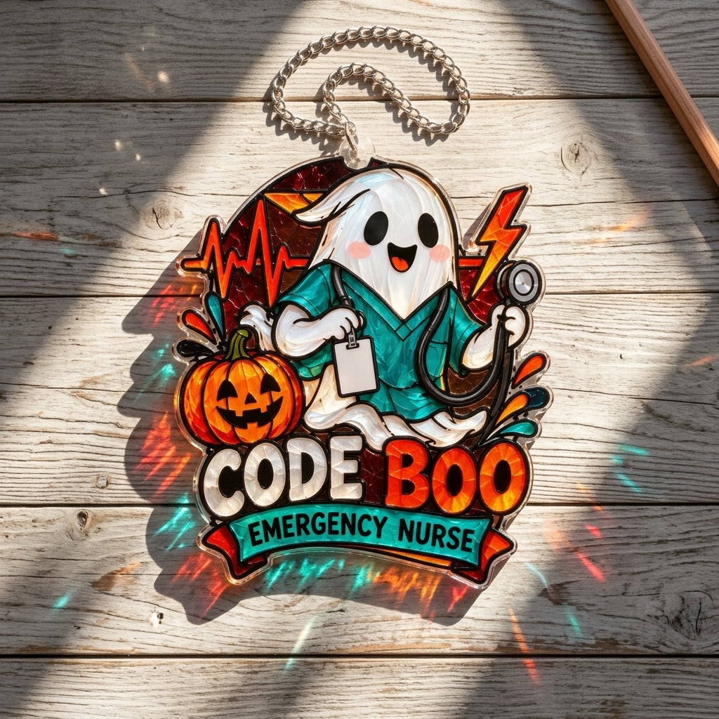 Code Boo Emergency Nurse Acrylic Custom Shape Suncatcher - Spooky Healthcare Gift - mockup 2