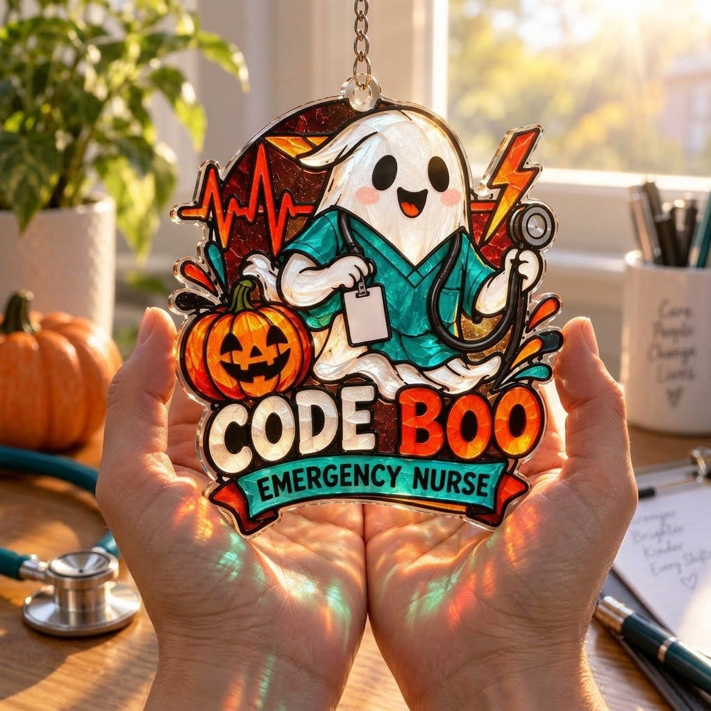 Code Boo Emergency Nurse Acrylic Custom Shape Suncatcher - Spooky Healthcare Gift - mockup 3