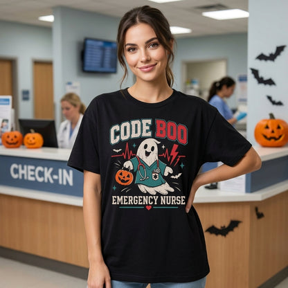 Code Boo Emergency Nurse T-shirt Sweatshirt Hoodie - Halloween Ghost ER RN Gift - mockup 1
