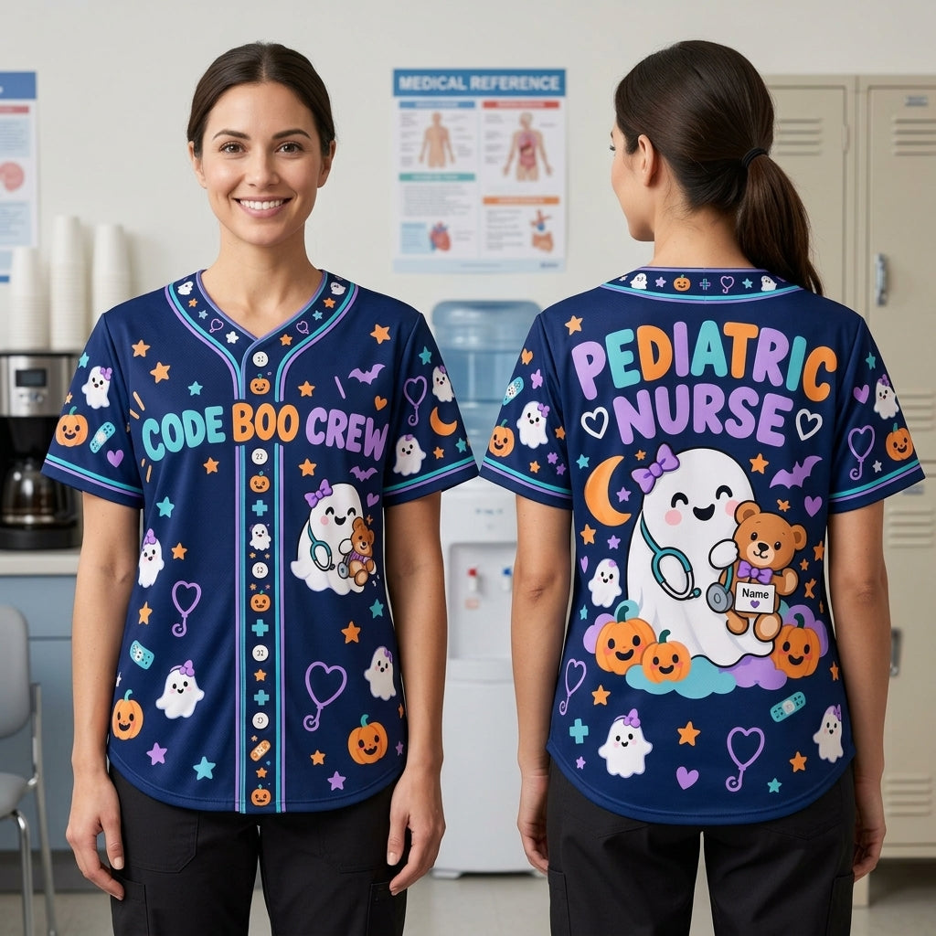 Personalized Code Boo Pediatric Nurse Baseball Jersey – Halloween Nursing Gift - mockup 1