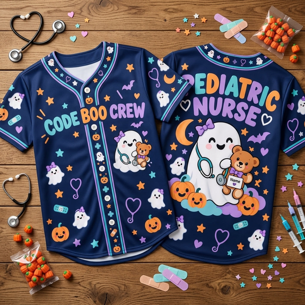 Personalized Code Boo Pediatric Nurse Baseball Jersey – Halloween Nursing Gift - mockup 2
