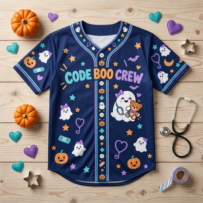 Personalized Code Boo Pediatric Nurse Baseball Jersey – Halloween Nursing Gift - mockup 3